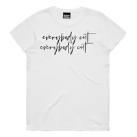 White slogan tee on a white background. Slogan says everybody cut as a reference to the 80s movie footloose