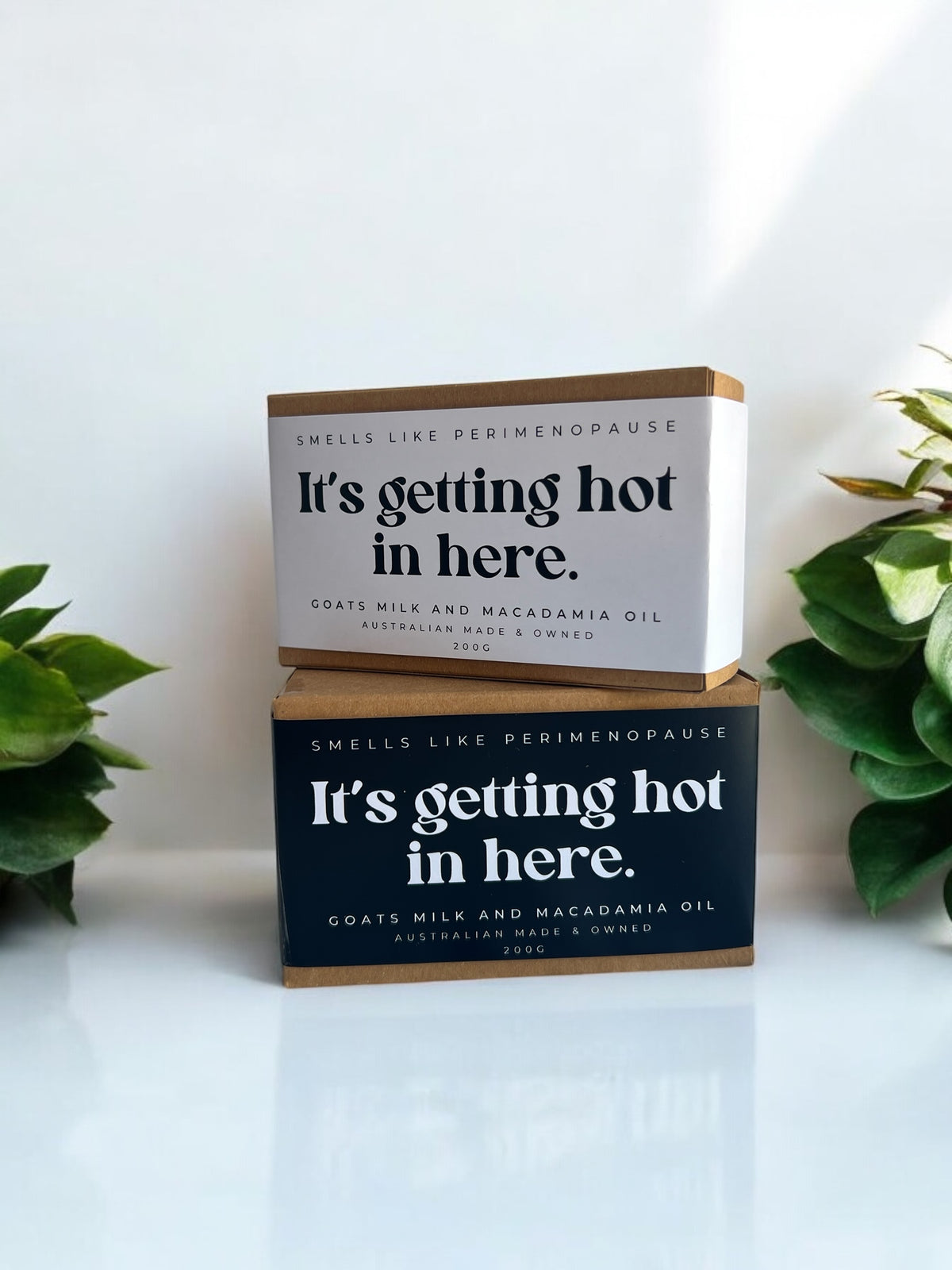 Two bars of soap with packaging that reads 'It's getting hot in here.' One bar is on top of the other, with a white background and green plants in the corners.