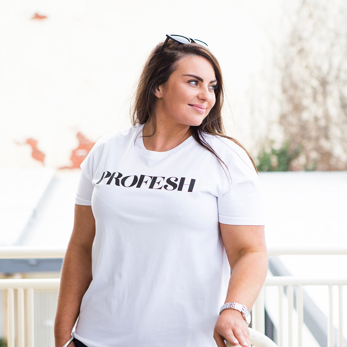Slightly Shirtee Profesh Slogan Tee  worn by plus size model with dark brown hair